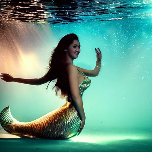 Image similar to marian rivera as mermaid breaking the surface of the water, underwater photography with light scattering and water refractions, smooth