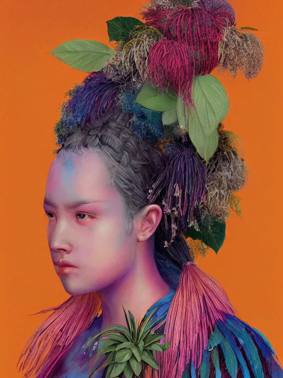 Image similar to beautiful portrait of a Subtropics minority female wearing fantastic Hand-dyed cotton with decorative fringe costume, pigtail,subtropical plants,subtropical plants flowers,intricate, elegant, highly detailed, dim volumetric lighting, 8k,octane,post-processing,digital painting, trending on artstation, concept art, smooth, sharp focus, illustration,by Tom Bagshaw and Daniel Gerhartz and Albert Aublet and Lawrence Alma-Tadema and alphonse mucha