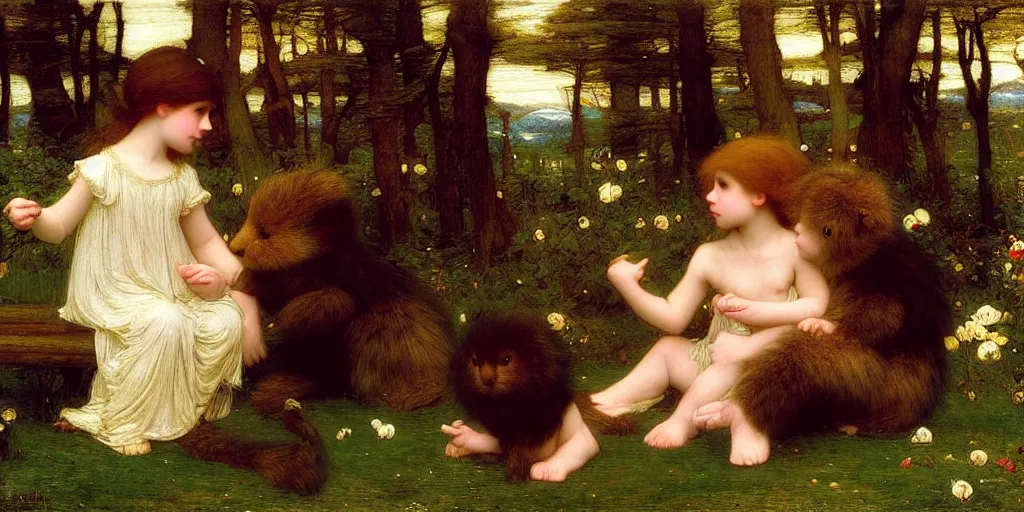 Image similar to 3 d precious moments plush animal, realistic fur, undine, gold, morning, master painter and art style of john william waterhouse and caspar david friedrich and philipp otto runge