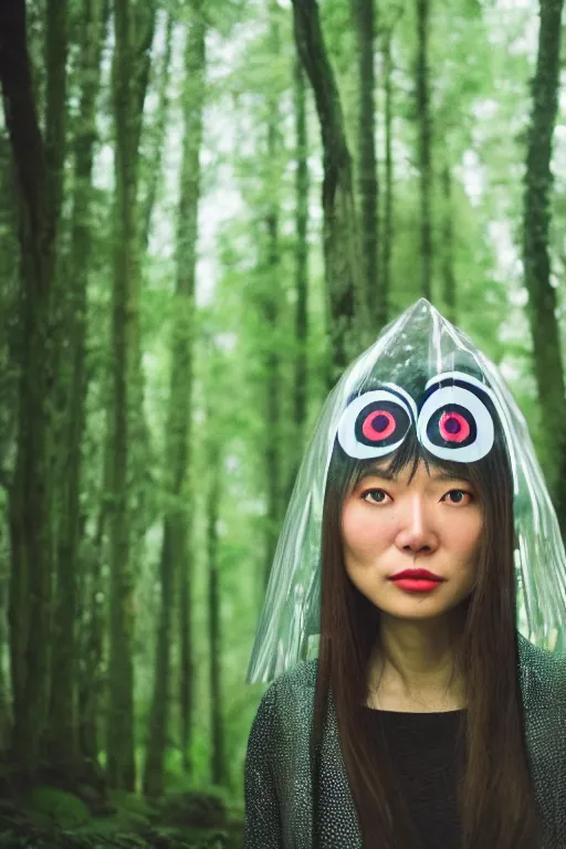 Prompt: Cinestill 50d, 8K, highly detailed, studio ghibli mononoke style 3/4 extreme closeup portrait, eye contact, focus on clear transparent raincoat model, tilt shift zaha hadid style forest background: famous mononoke remake, forest scene