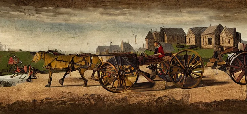 Prompt: a medieval horse - drawn cart, digital art, extreme detail, with the village in the distance