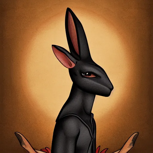 Image similar to black humanlike anthropomorphic jackrabbit harengon, wearing monk robes and a large wide brimmed hat, dark foreground, 4 k digital art