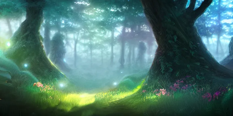 Image similar to Hidden forest community, Fae Faeries, landscape, daytime, fantasy, intricate, elegant, highly detailed, digital painting, artstation, concept art, smooth, sharp focus, illustration, volumetric lighting