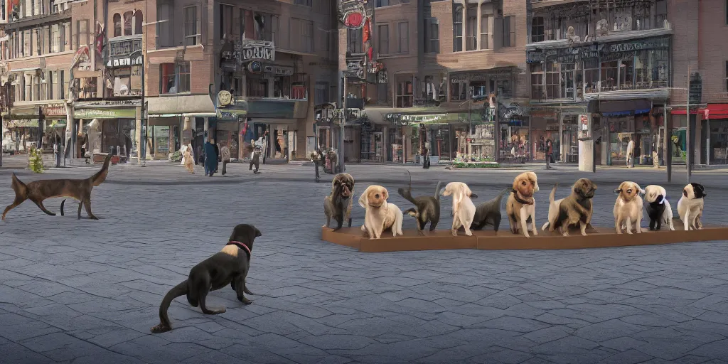 Image similar to eight dog booths on the cremlin square and a dog, beautifully detailed 4 k octane render, 4 k post processing