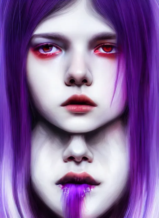 Image similar to hair whitebangs hair, black hair, whitebangs, portrait of teenage girl with white bangs, red irises, purple clothes, white bangs, bangs are different color from hair, intricate, elegant, glowing lights, highly detailed, digital painting, artstation, concept art, smooth, sharp focus, illustration, art by wlop, mars ravelo and greg rutkowski