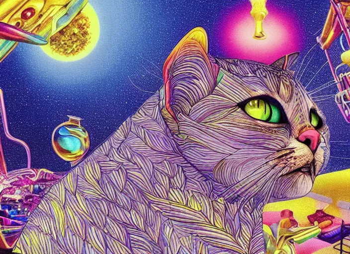 Image similar to coloring book drawing of a cat from a musical sparkly digital space opera, Animated film, volumetric lighting, octane render, directed by wes anderson, Vladimir kush, m.c Escher