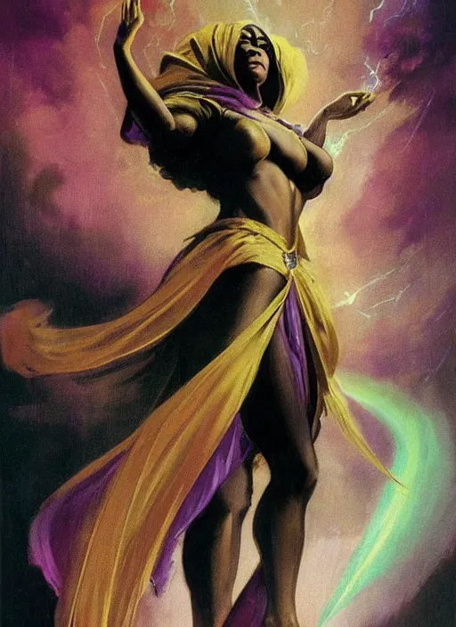 Prompt: portrait of plump female evil sorceress, golden tiara, purple robe and veil, lightning halo, strong line, muted color, beautiful! coherent! by frank frazetta, by boris vallejo