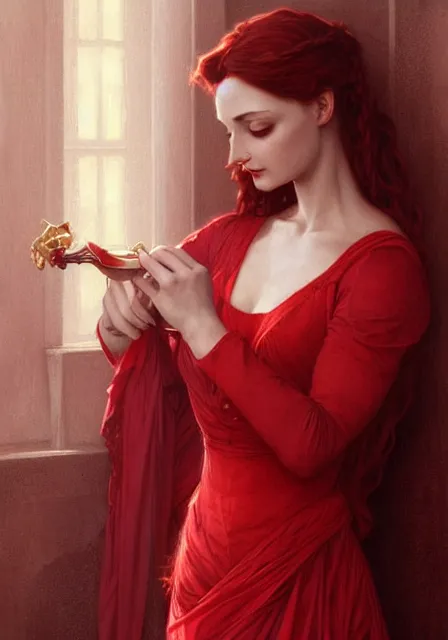 Prompt: sansa fatal women in red, intricate, elegant, highly detailed, digital painting, artstation, concept art, smooth, sharp focus, illustration, art by artgerm and greg rutkowski and alphonse mucha and william - adolphe bouguereau