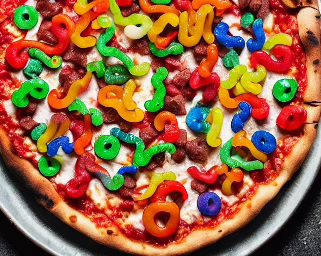 Prompt: pizza with gummy bears and gummy snakes and other candues as toppings, professional food photography, tasty