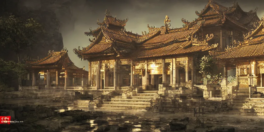 Image similar to vietnamese temple scene, side scroller, 2 d game art background, sharp, detailed, intricate, game level design, cinematic lighting, ultrarealistic, photorealistic, trending on artstation, in the style of yoji shinkawa and greg rutkowski and federico pelat