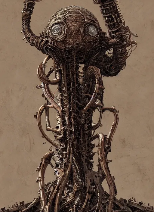 Prompt: a tall biomechanical alien by h. r. giger, highly detailed, intricate, copper metal, steampunkcore, reflective, sepia tone, cinematic, wide angle, unreal engine render 4 k by wayne barlowe, zdzislaw beksinski, artstation