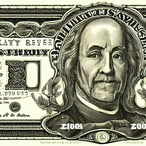 Image similar to an intricately detailed new dollar bill design featuring a portrait of Thomas the Tank Engine