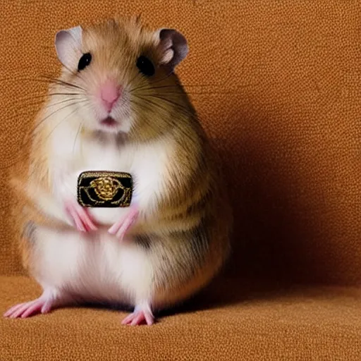 Prompt: a hamster wearing versace. model photography