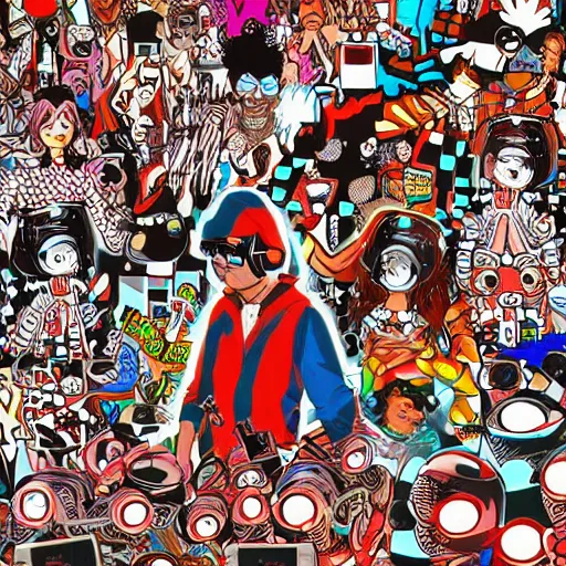 Image similar to artgerm, psychedelic laughing cybertronic where's waldo?, rocking out, headphones dj rave, digital artwork, r. crumb, svg vector