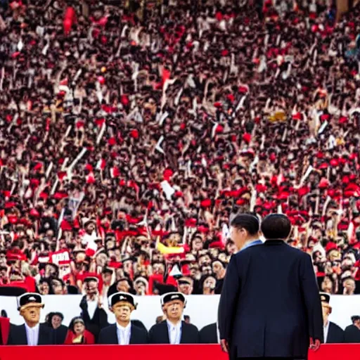 Image similar to trump hugging xi jinping on stage in front of crowd