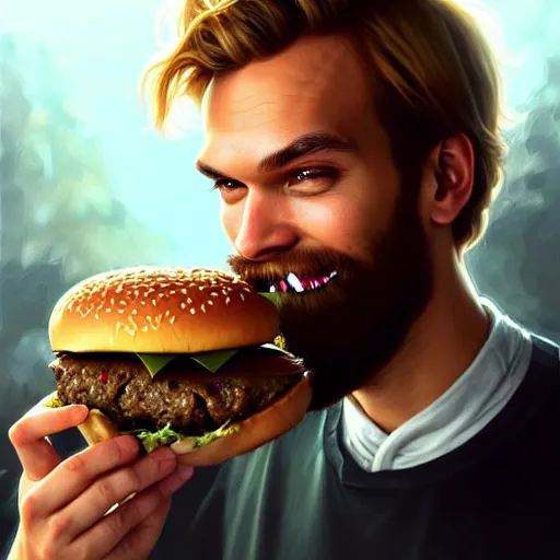 Prompt: Pewdiepie eating a burger, closeup, D&D style, fantasy, intricate, elegant, highly detailed, digital painting, artstation, concept art, matte, sharp focus, illustration, art by Artgerm and Greg Rutkowski and Alphonse Mucha