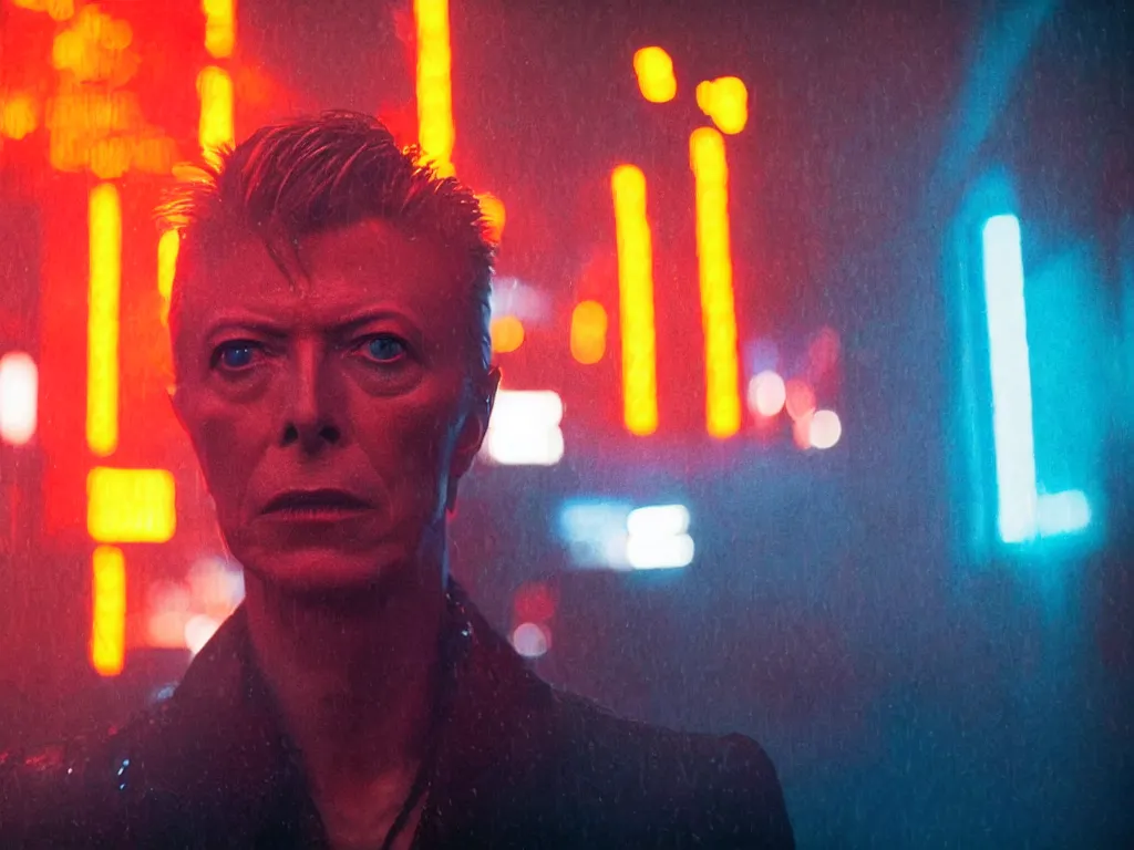 Prompt: David Bowie, close-up, film still from Blade Runner 2049, beautiful lighting, raining, neon lights, cinematic, depth, ultra-sharp details