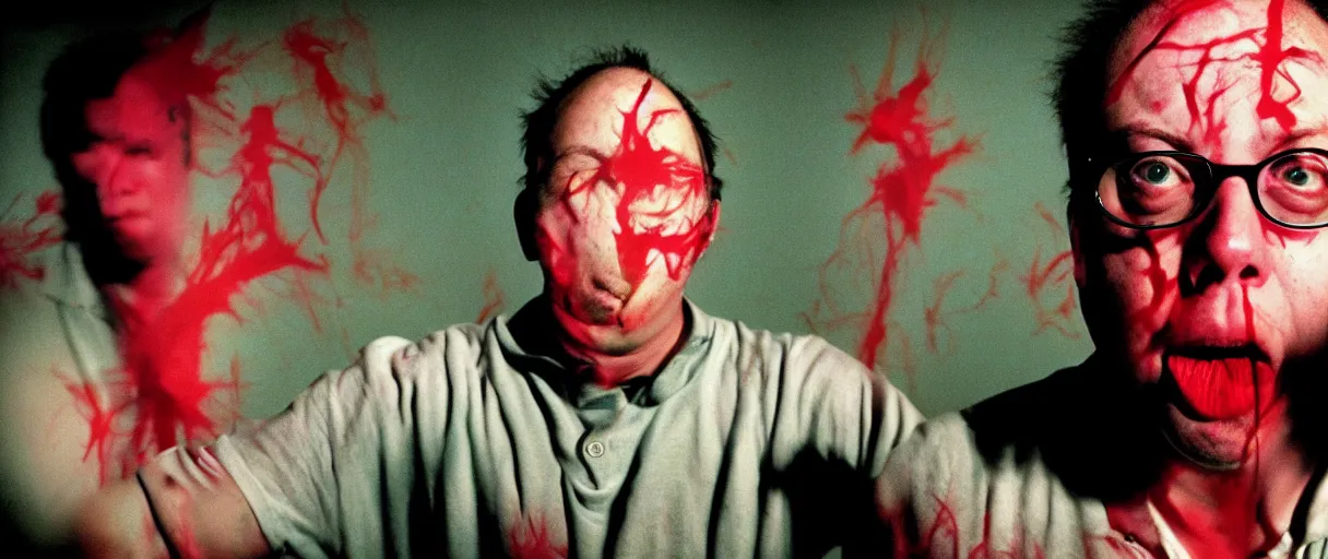 Image similar to award winning photo of todd solondz playing running scared, angry crowd, vivid colors, happy, symmetrical face, beautiful eyes, studio lighting, wide shot art by sally mann & arnold newman, francis bacon, ewa juszkiewicz, jenny saville, yayoi kusama, ai weiwei and gregory crewdson