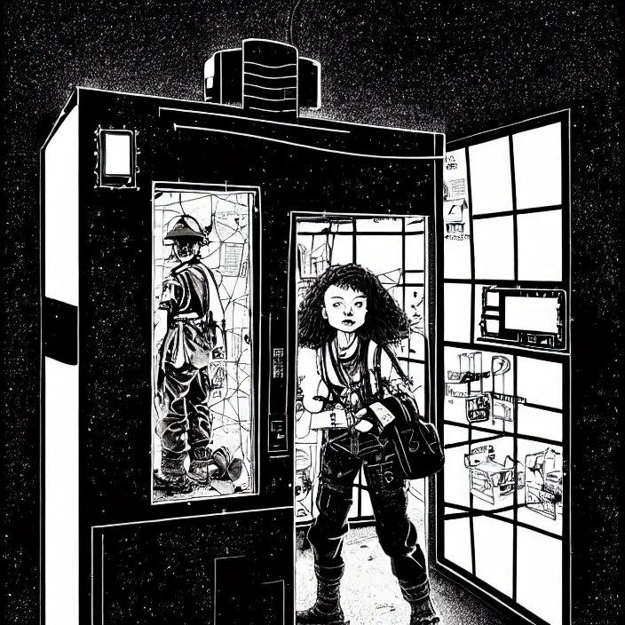 Prompt: sadie sink as a miner inside a minimalist steampunk automated kiosk booth considers food options to choose from. small room. wide angle lens. black and white, pencil and ink. scifi cyberpunk. by gabriel hardman, joe alves, chris bonura. cinematic atmosphere, detailed and intricate, perfect anatomy