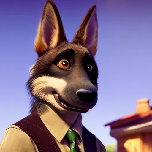 Prompt: a film still from zootopia main character portrait anthro anthropomorphic german shepard head animal person fursona pixar and disney animation, sharp, rendered in unreal engine 5, anime key art by greg rutkowski, bloom, dramatic lighting