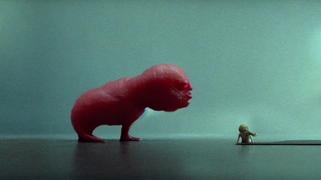 Image similar to a tiny strange creature barely appears on a piece of sushi, film still from the movie directed by Denis Villeneuve with art direction by Zdzisław Beksiński, wide lens