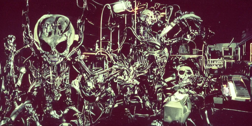 Image similar to a scary filmic wide shot color ground level angle movie still 35mm film photograph of the full body of a screaming and angry dangerous shape mechanical creature, with multiple sharp, leaking pistons, robot skulls and blades protruding from its lower torso inside of a 1970s science lab, neon lights, dirty, ektachrome photograph, volumetric lighting, f8 aperture, cinematic Eastman 5384 film