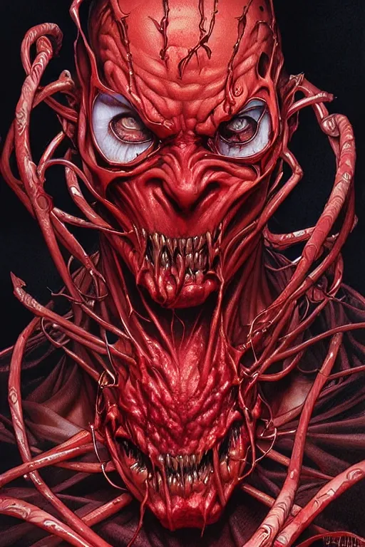 Prompt: the platonic ideal of cletus kasady carnage, detailed, intricate, hyperrealism, intense, scary by artgerm and greg rutkowski and alphonse mucha