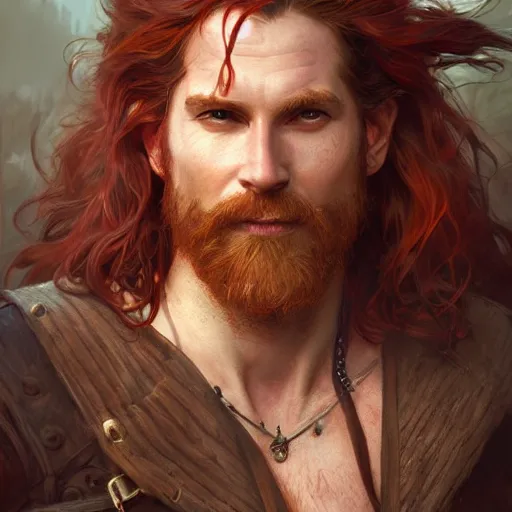 Prompt: portrait of a young ruggedly handsome but joyful pirate, male, masculine, upper body, red hair, waist long hair, d & d, fantasy, intricate, elegant, highly detailed, digital painting, artstation, concept art, matte, sharp focus, illustration, art by artgerm and greg rutkowski and alphonse mucha