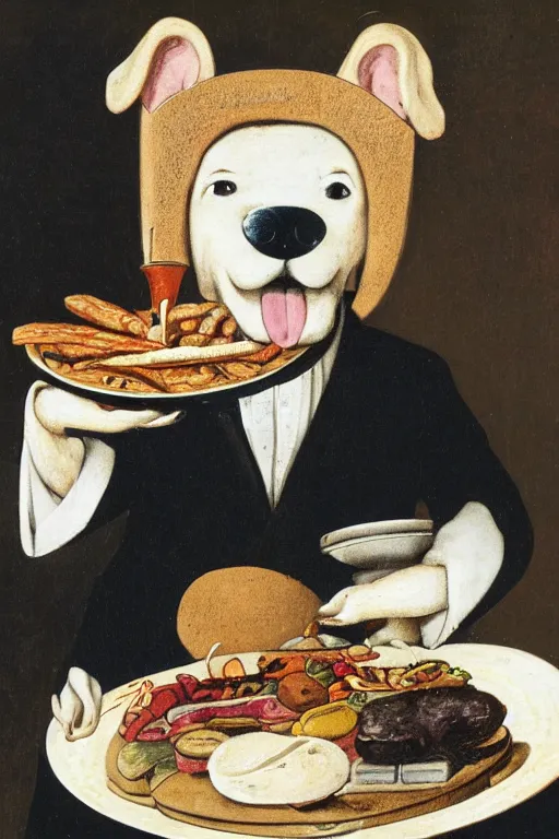 Image similar to a dog - headed waiter holding a plate of food