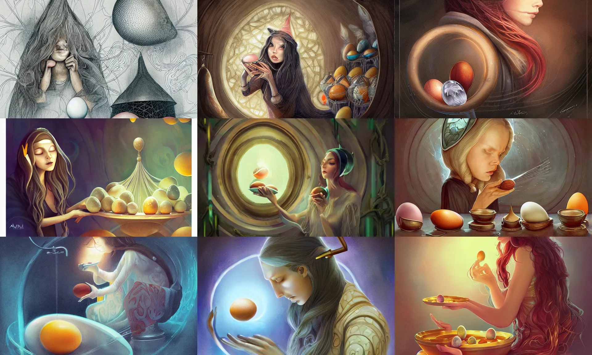 Prompt: Pensive Wizard examines eggs with calipers, by Anna Dittman