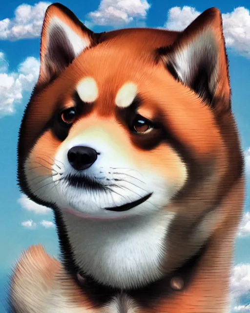 Prompt: shiba inu bites frisbee ， painting photoshop by hayao miyazaki, 8 k