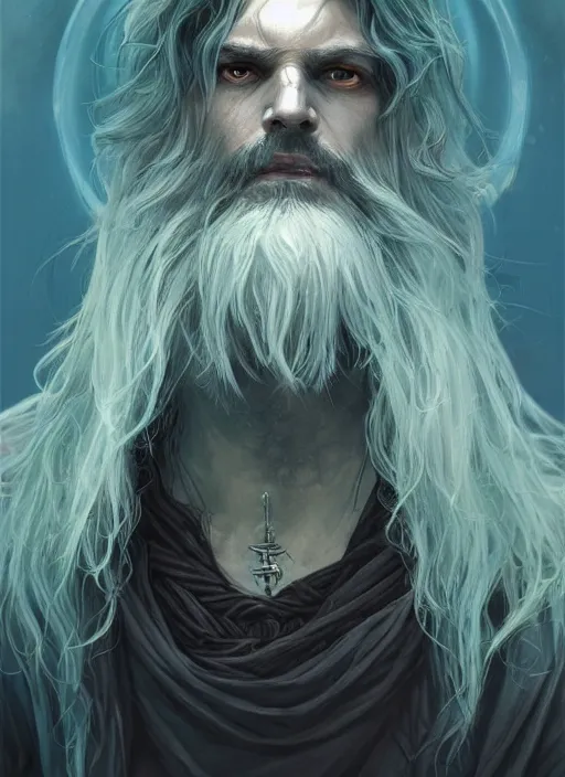 Image similar to Portrait of hexblade warlock aasimar, teal magic electricity, male, silver shaggy hair, short scruffy beard, cloak, white eyes, fantasy, extremely detailed, digital painting, artstation, concept art, smooth, sharp focus, illustration, stunning lighting, art by artgerm and greg rutkowski and alphonse mucha and simon stalenhag, realistic character concept, high fantasy, light atmosphere, golden ratio, cinematic lighting, hyperdetailed, high resolution, insanely detailed and intricate, artstation, Marc Simonetti, Greg Rutkowski