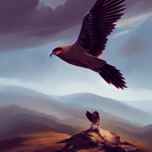 Image similar to milano bird, milvus milvus, kite, flying in avila mountains, 4 k, concept art, by wlop, ilya kuvshinov, artgerm, krenz cushart, greg rutkowski, pixiv. cinematic dramatic atmosphere, sharp focus, volumetric lighting, cinematic lighting, studio quality