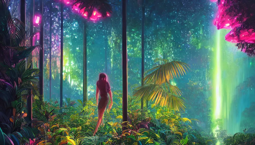 Image similar to portrait of a sparkling tropical grove with neon auroras, path traced, environment, highly detailed, high quality, digital painting, alena aenami, lilia alvarado, shinji aramaki, karol bak, alphonse mucha, tom bagshaw