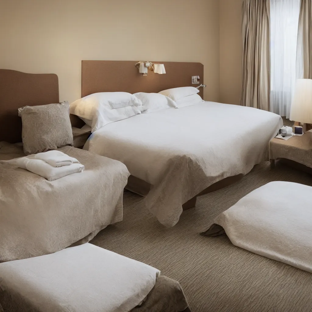 Prompt: an empty hotel bedroom with dull brown bedsheets and boring decorations