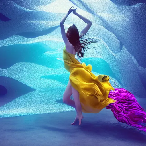 Prompt: beautiful modern woman dancing underwater wearing a flowing dress made of blue, magenta, and yellow seaweed, delicate coral sea bottom, swirling silver fish, swirling smoke shapes, octane render, caustics lighting from above, cinematic