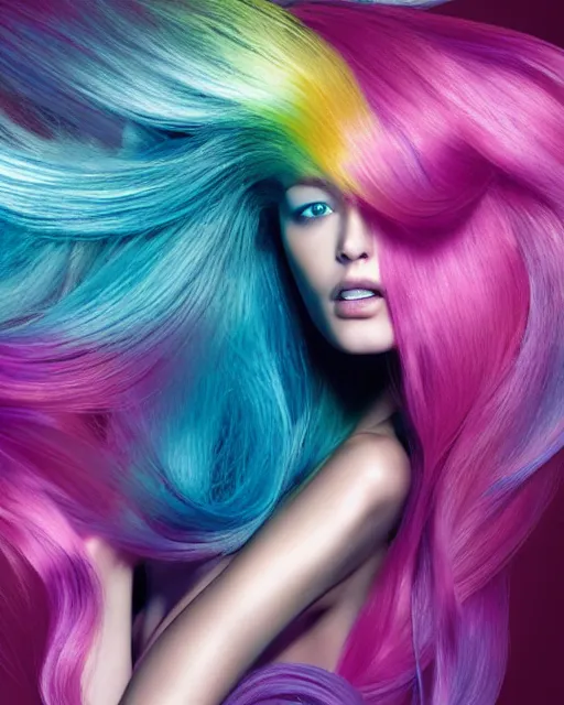 Image similar to dynamic Pantene hair flip, color interference, high fashion photograph, perfect porcelain skin, By Steven Meisel, WLOP, Felipe Pantone