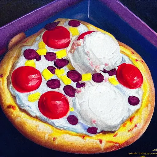 Prompt: photorealistic painting of ice cream pizza, 1 0 8 0 p award - winning painting