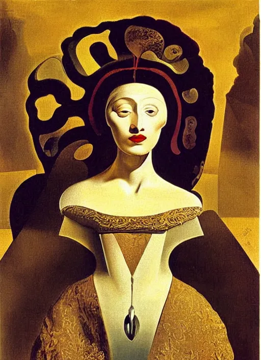 Image similar to portrait of young woman in renaissance dress and renaissance headdress, art by salvador dali