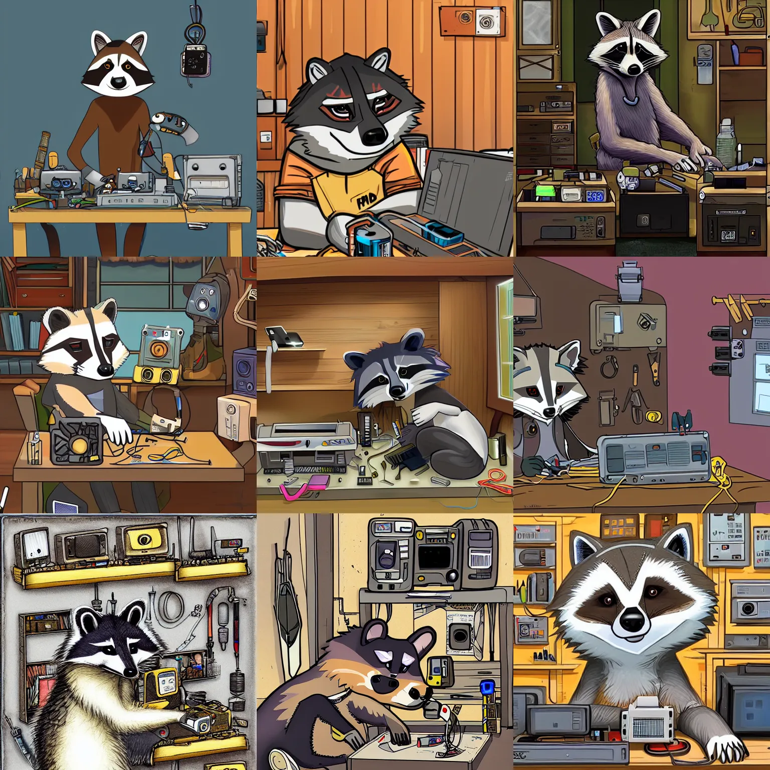 Prompt: FurAffinity art of a raccoon in his workshop tinkering with electronics, trending on FurAffinity