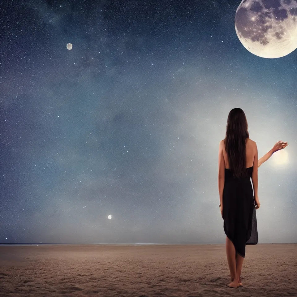 Image similar to young arabian woman standing on the beach at night with the moon above and the galaxy visible, masterful intricate artwork, high detail 8 k