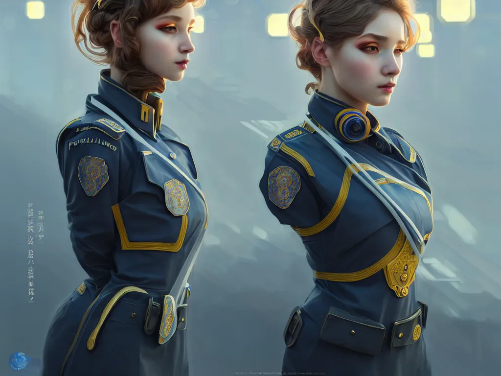 Image similar to portrait futuristic ukraine police uniform girl, at future neon light rooftop, ssci - fi and fantasy, intricate and very very beautiful and elegant, highly detailed, digital painting, artstation, concept art, smooth and sharp focus, illustration, art by tan zi and ayanamikodon and alphonse mucha and wlop