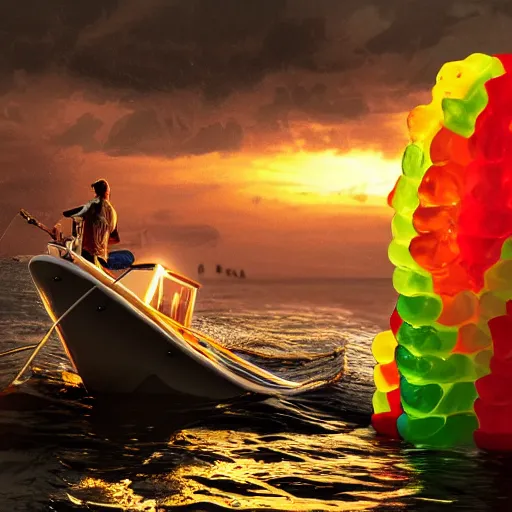 Image similar to life - sized gummi bear going deep sea fishing in a convertible sportfisherman boat. he is fishing for swedish fish candy and using gummi worm candy as bait. photorealistic digital art, epic fantasy, dramatic lighting, cinematic, extremely high detail, cinematic lighting, trending, artstation, cgsociety, 3 d ue 5, 4 k, hq