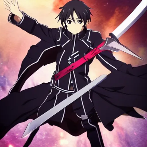 Image similar to Key anime visual of Kirito from Sword Art Online; official media