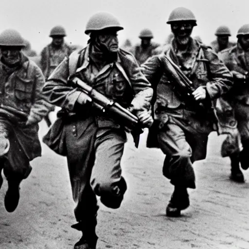 Image similar to the running soldiers in the d - day, by robert capa,