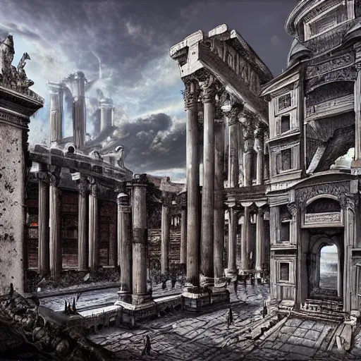 Image similar to sprawling fantasy city of Ancient Rome in gothic style; trending on arstation