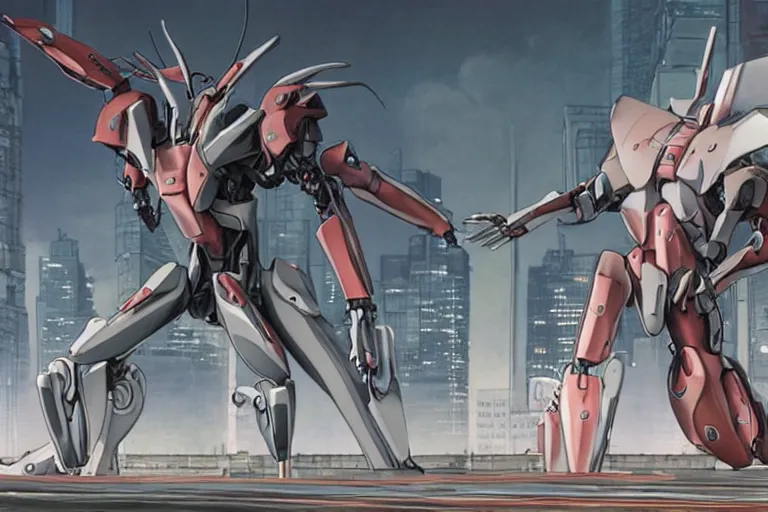 Prompt: late 2 0 1 0 s cg anime screenshot of a sleek, slender, human - scale mecha suit defending the city streets, fighting a mutant monster, designed by hideaki anno, drawn by tsutomu nihei, and painted by zdzislaw beksinski