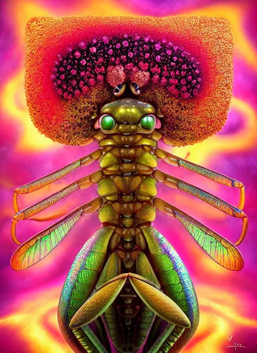 Image similar to hyper detailed 3d render like a Oil painting - kawaii portrait Aurora (gold haired Singer Praying Mantis Dragonfly faced) seen Eating of the Strangling network of yellowcake aerochrome and milky Fruit and Her compund eyes delicate Hands hold of gossamer polyp blossoms bring iridescent fungal flowers whose spores black the foolish stars by Jacek Yerka, Mariusz Lewandowski, Houdini algorithmic generative render, Abstract brush strokes, Masterpiece, Edward Hopper and James Gilleard, Zdzislaw Beksinski, Mark Ryden, Wolfgang Lettl, hints of Yayoi Kasuma, octane render, 8k