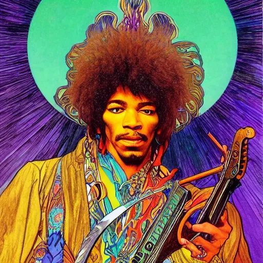 Image similar to colorfull artwork by Franklin Booth and Alphonse Mucha showing a portrait of Jimi Hendrix as a futuristic space shaman