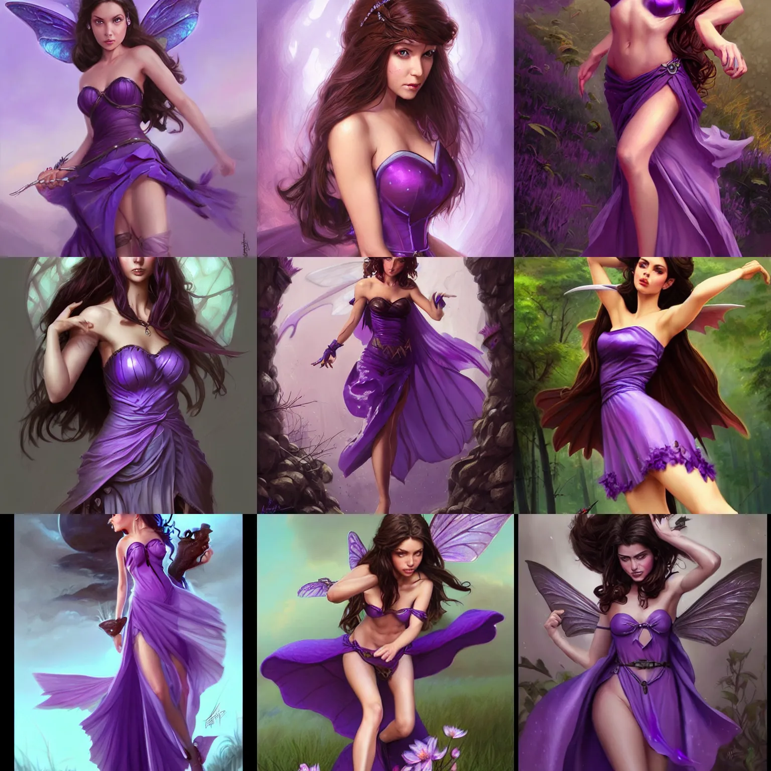 Prompt: brunette fairy woman, wearing purple strapless dress, d & d, fantasy, highly detailed, digital painting, trending on artstation, concept art, sharp focus, illustration, art by artgerm and greg rutkowski and magali villeneuve